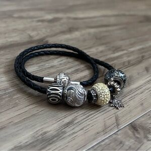 Michael Hill Black Braided leather Bracelet 925 silver glittery sparkle Charms